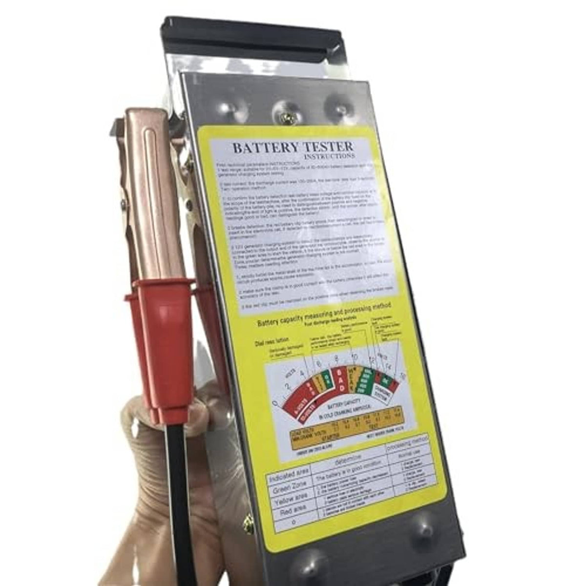 Battery tester with instruction card and analog meter window