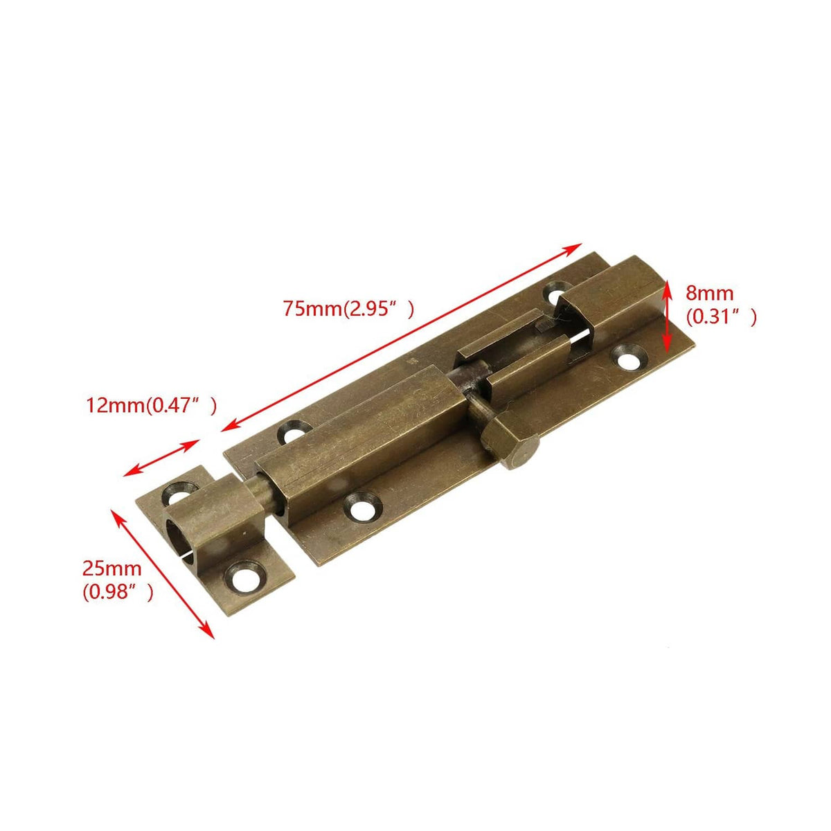 Bronze barrel bolt slide latch with size markings: 75mm long, 8mm wide