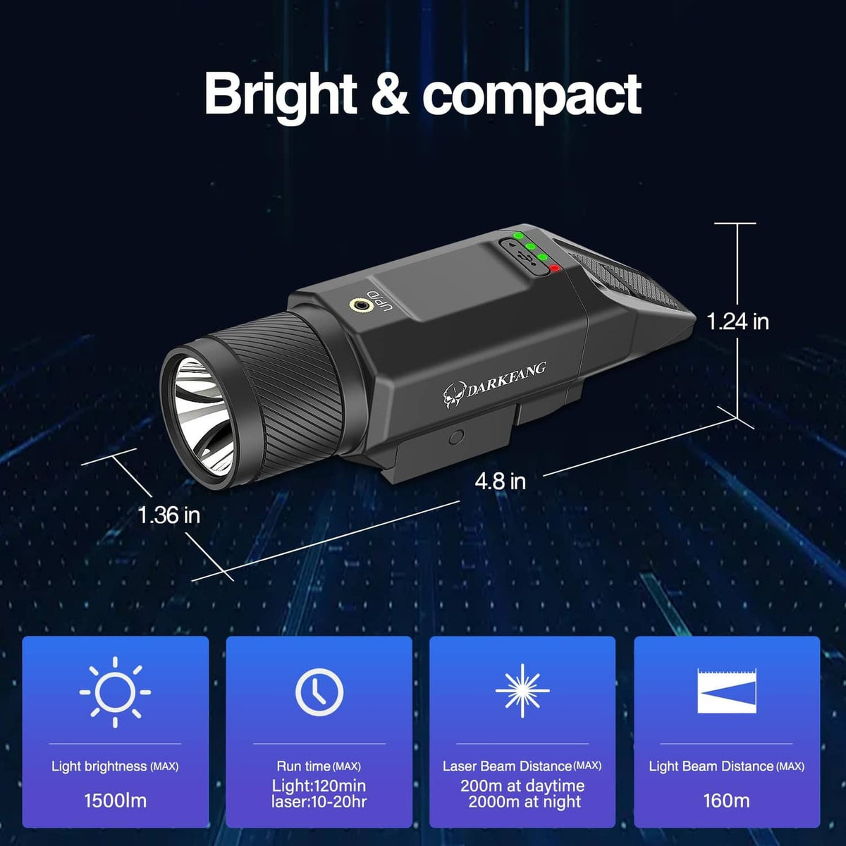 Compact black laser light device with green indicator panel and front beam opening