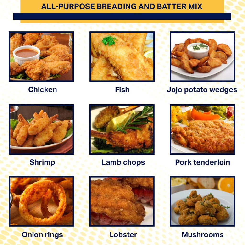 All-purpose breading and batter mix pouch with serving ideas: chicken, fish, onion rings