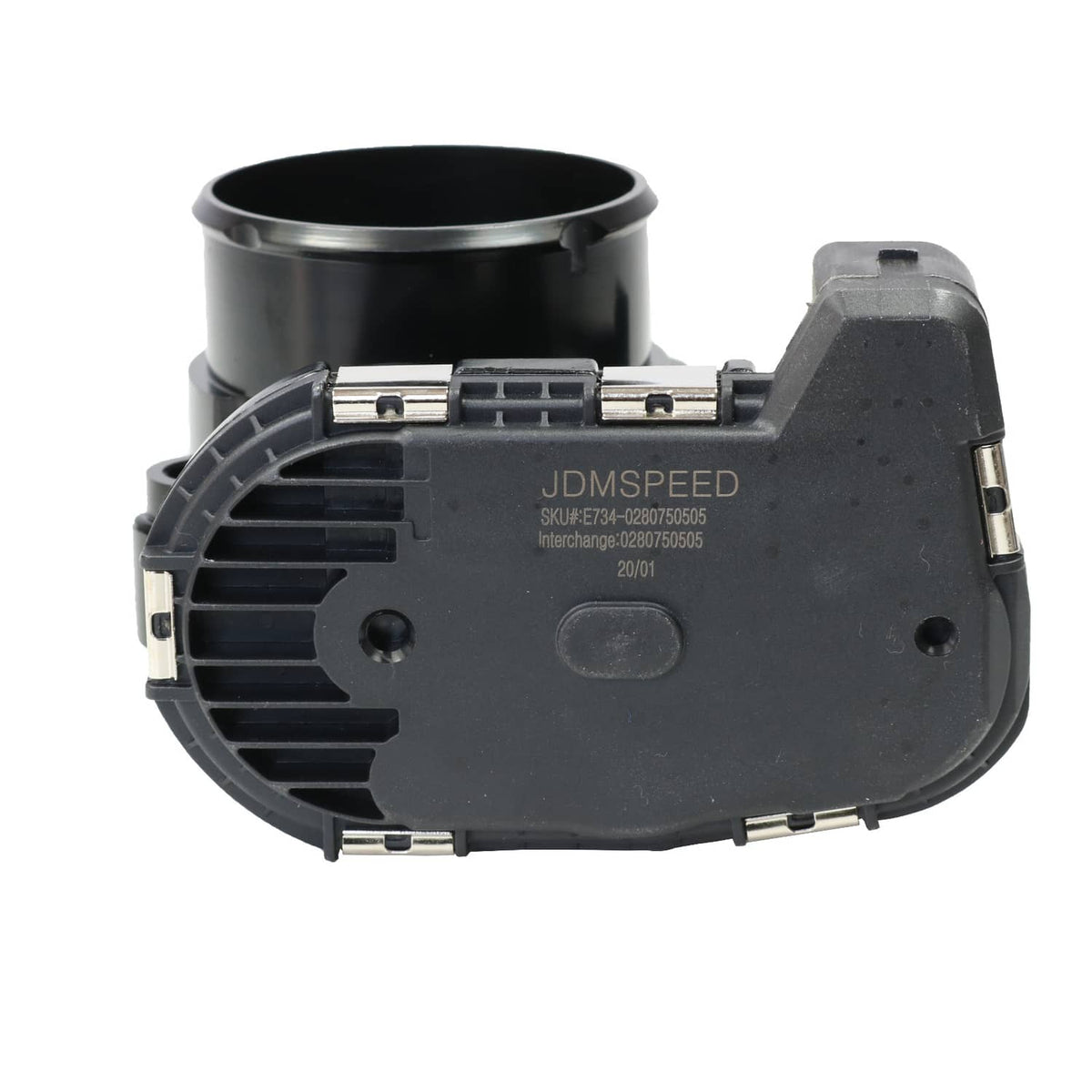 Throttle body underside with inlet tube, wiring connector, and molded label panel