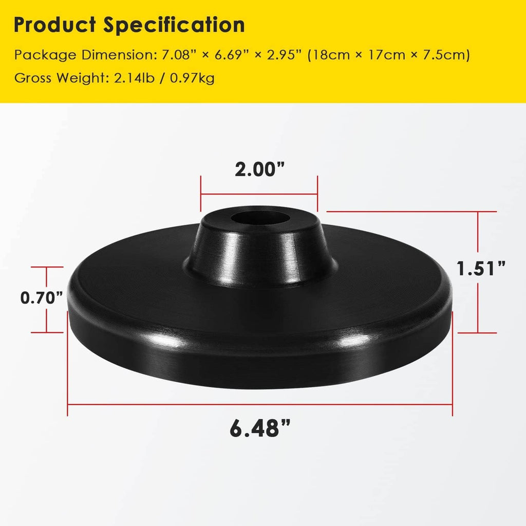 Black coil spring spacer disc with size diagram and center mounting hole