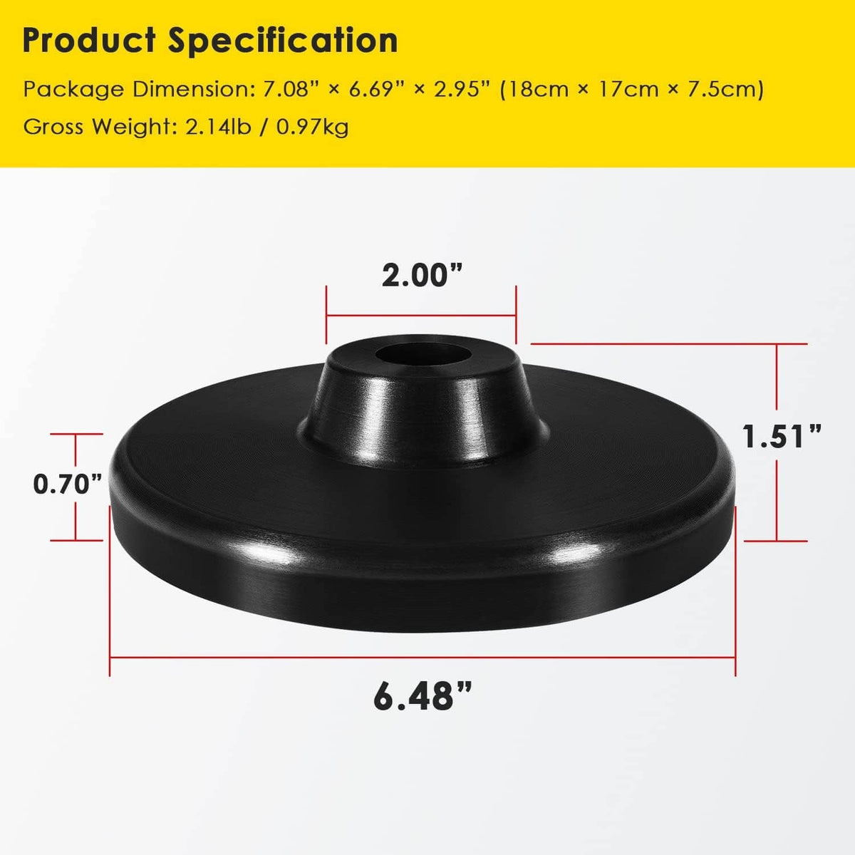 Black coil spring spacer disc with size diagram and center mounting hole