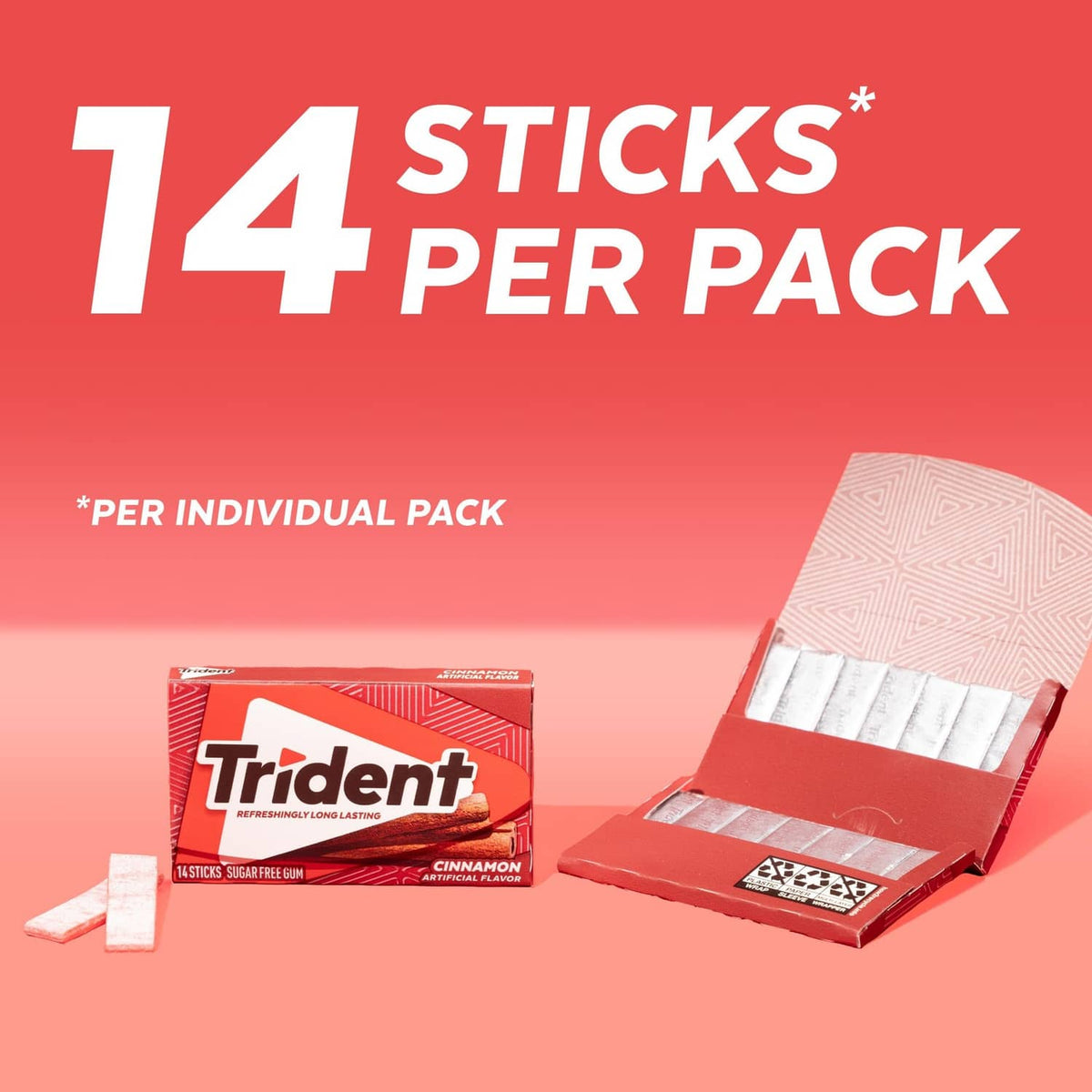 Trident cinnamon sugar-free gum, 14 sticks per pack, red and white box