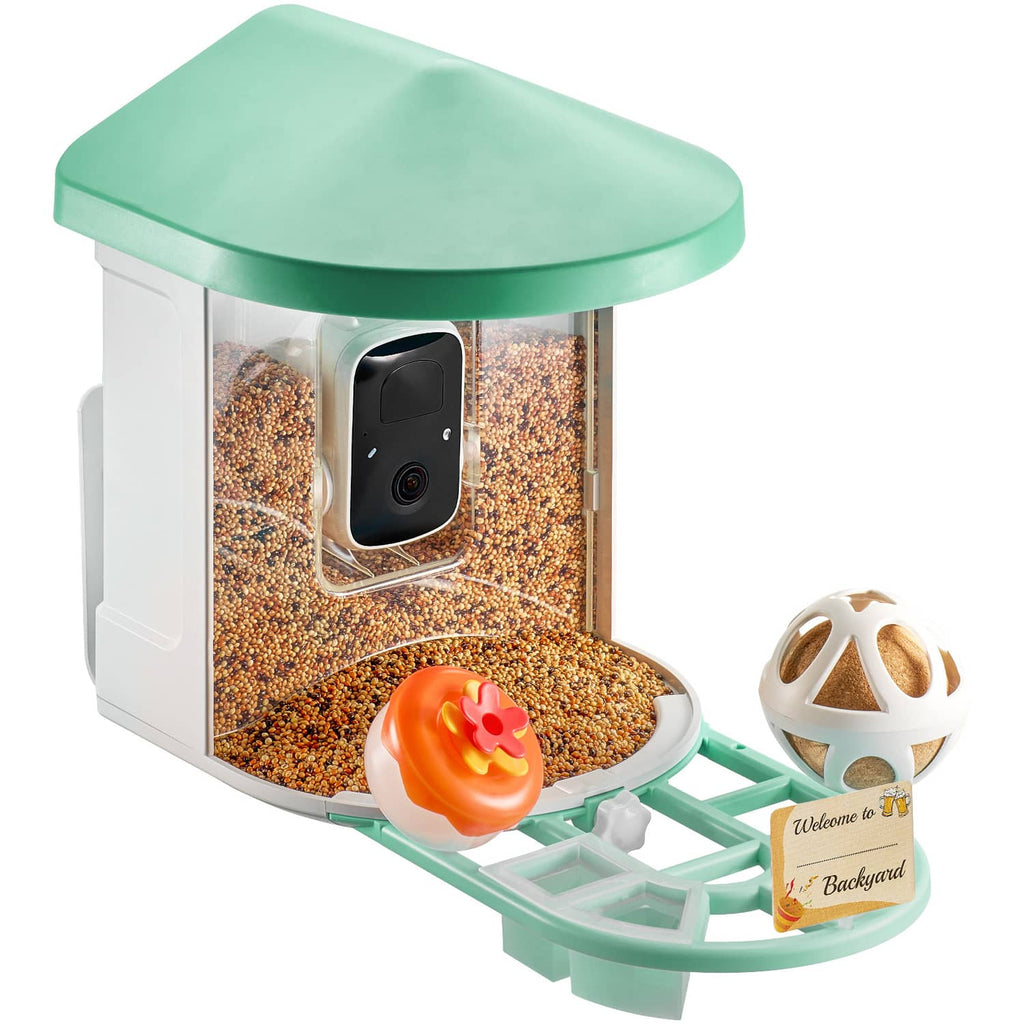 Green bird feeder with built-in camera window, seed tray and decorative feeder dome