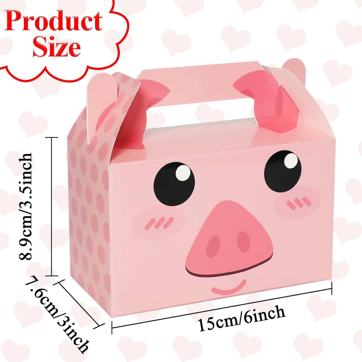 Pink pig farm treat box with face and handle, shown with size measurement diagram