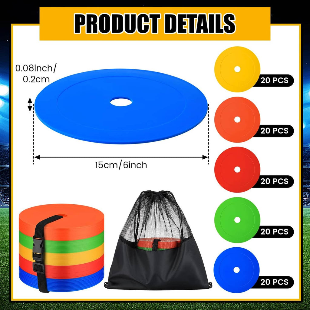 Flat spot marker discs in blue, red, green, and orange with black drawstring bag