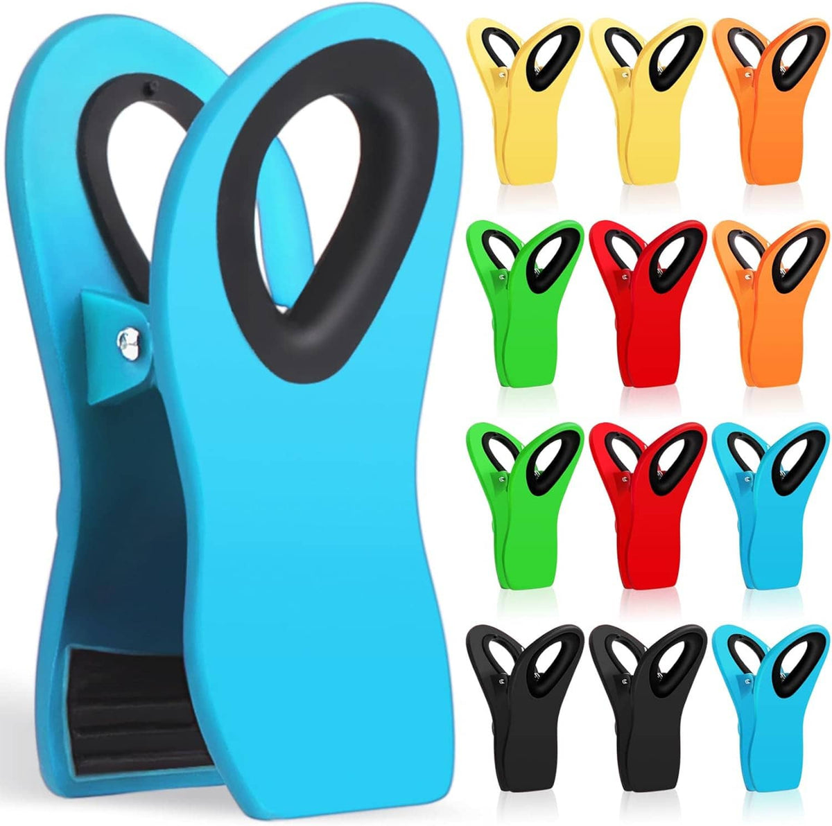 Blue magnetic bag clip with black jaw, plus assorted colored clips in a group