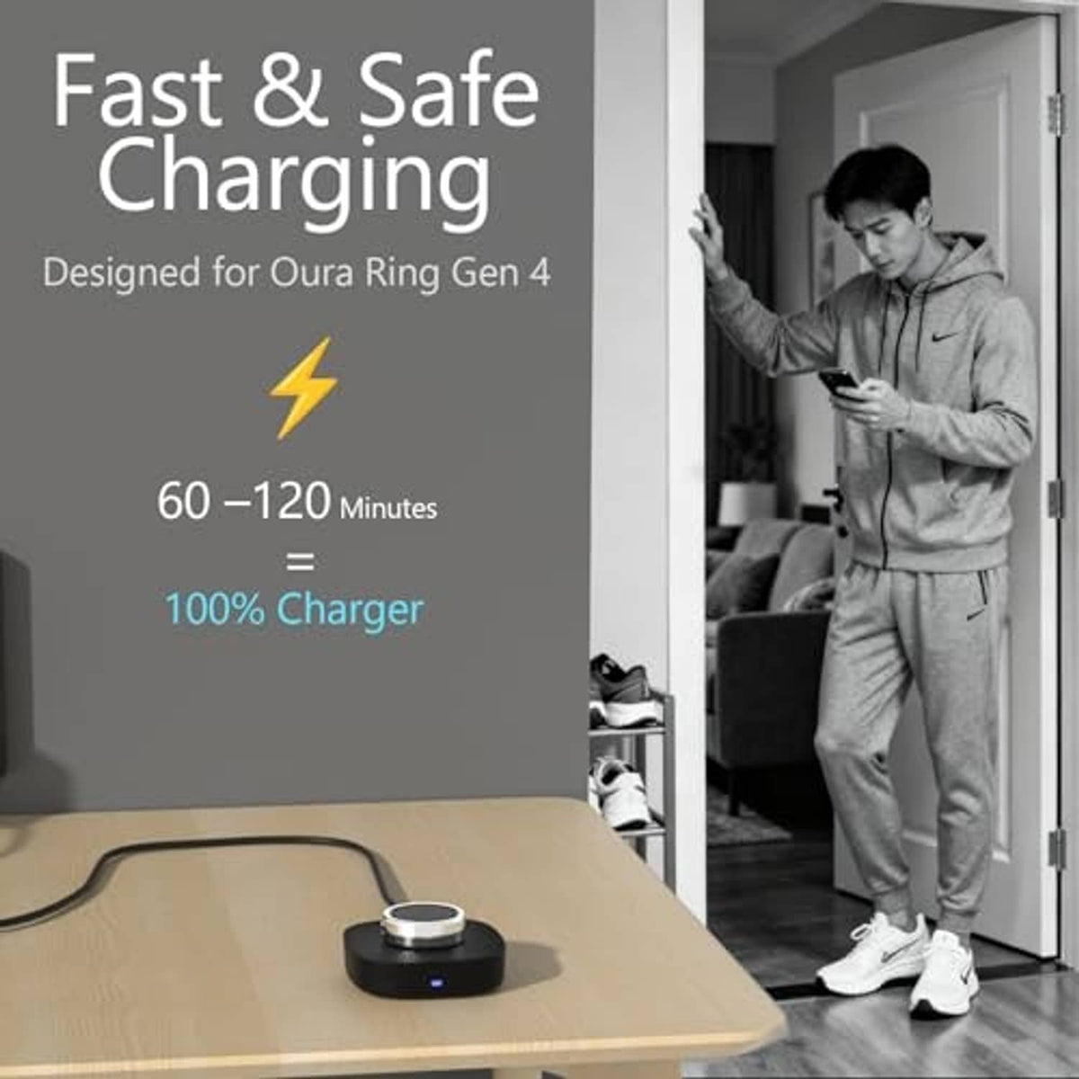 Black charging dock with circular top and blue indicator light on desk