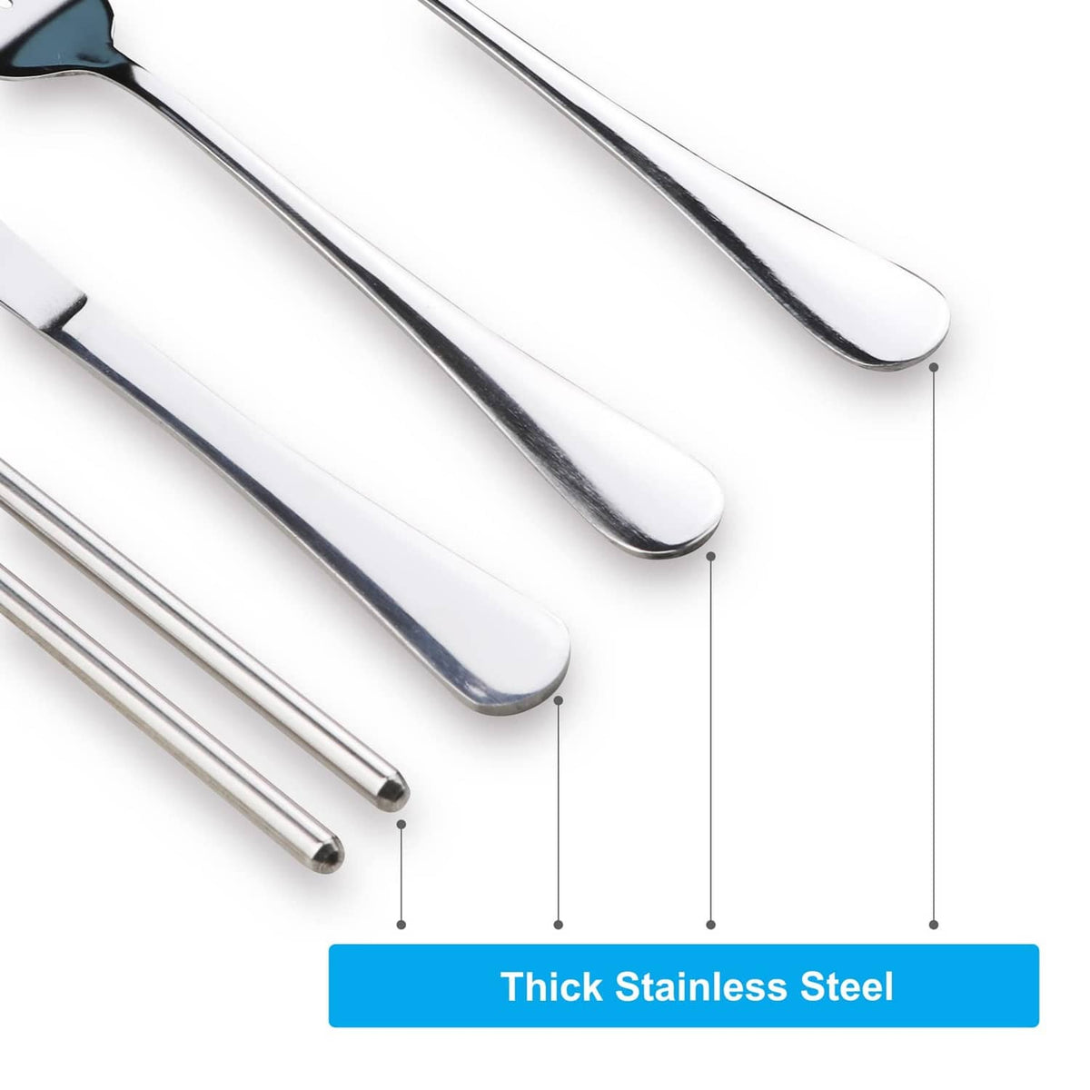 Close-up of stainless steel fork and spoon with thick, smooth handles