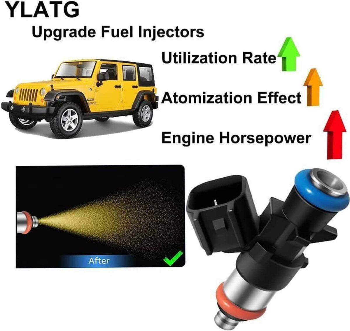 Fuel injector on white background: black housing, blue top, red o-ring, metal nozzle