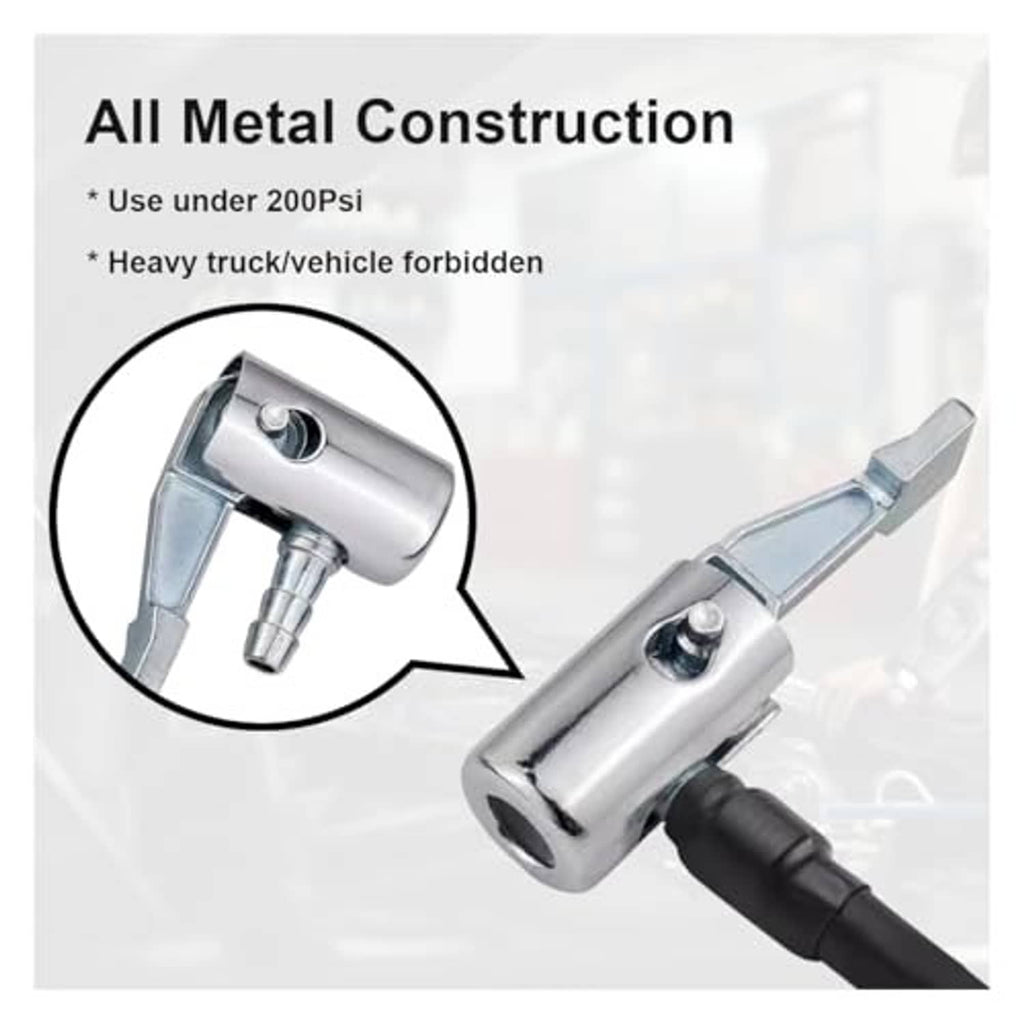 Metal lock-on tire inflator chuck with quick-lock handle and hose fitting