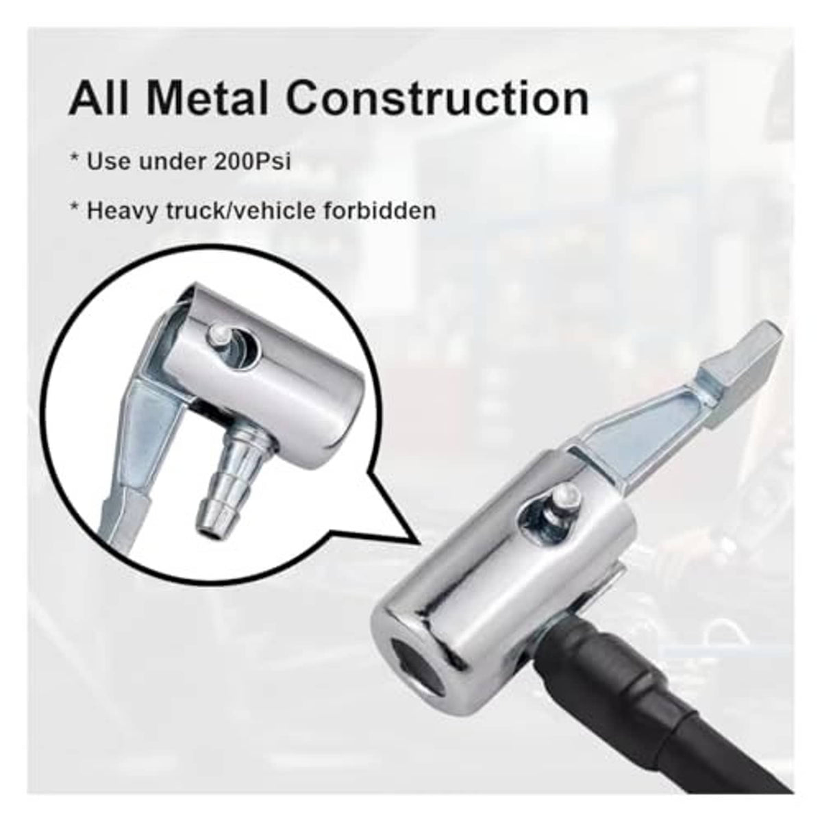 Metal lock-on tire inflator chuck with quick-lock handle and hose fitting