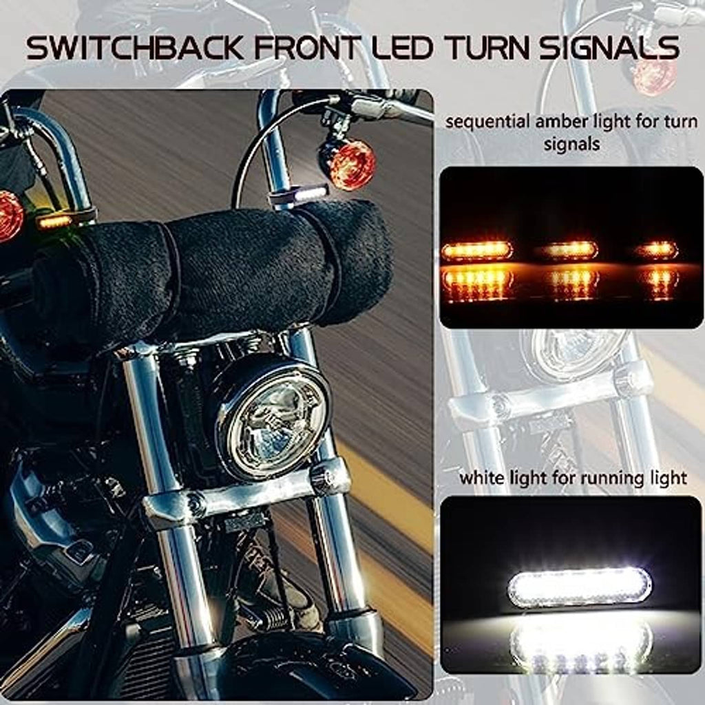 Front LED turn signal light with amber sequential and white running light, motorcycle fit