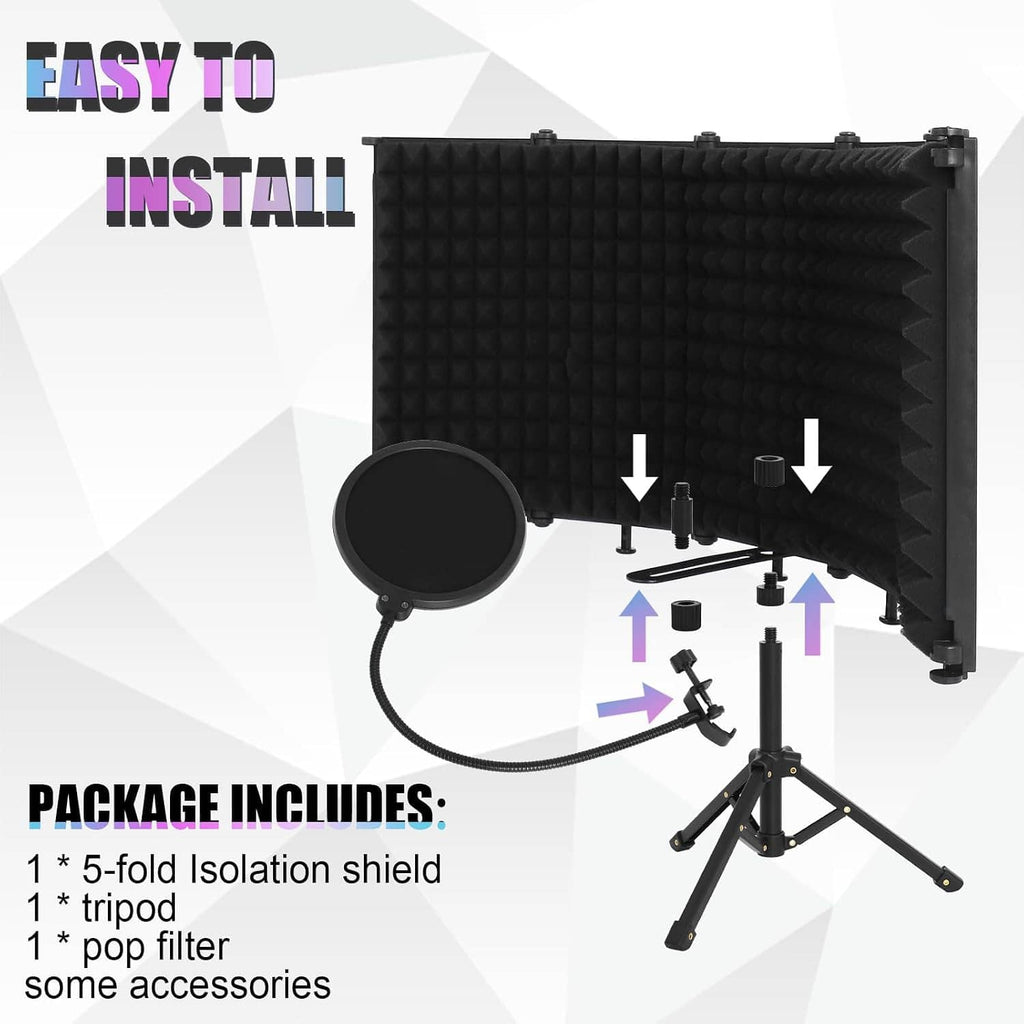 Mic isolation shield kit with tripod stand, circular pop filter, and included accessories