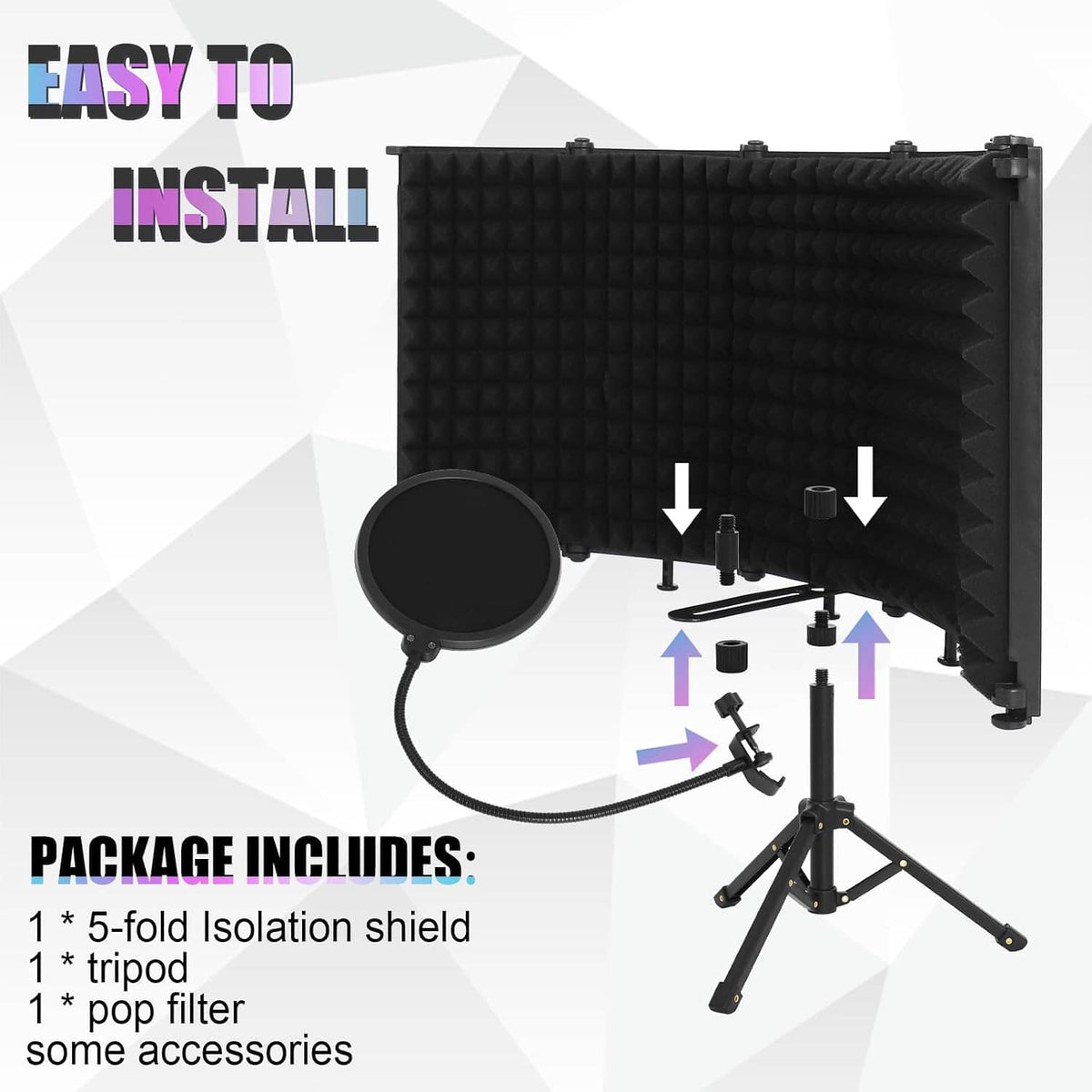 Mic isolation shield kit with tripod stand, circular pop filter, and included accessories