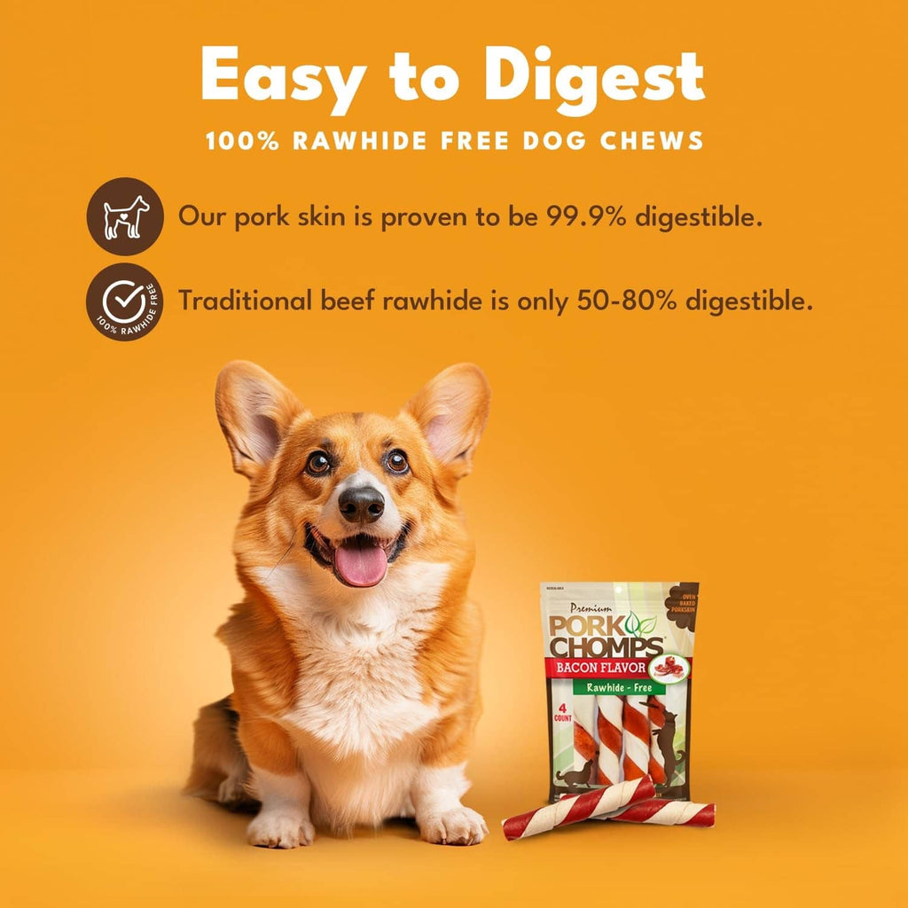 Easy to Digest 100% rawhide-free dog chews infographic with premium pork skin