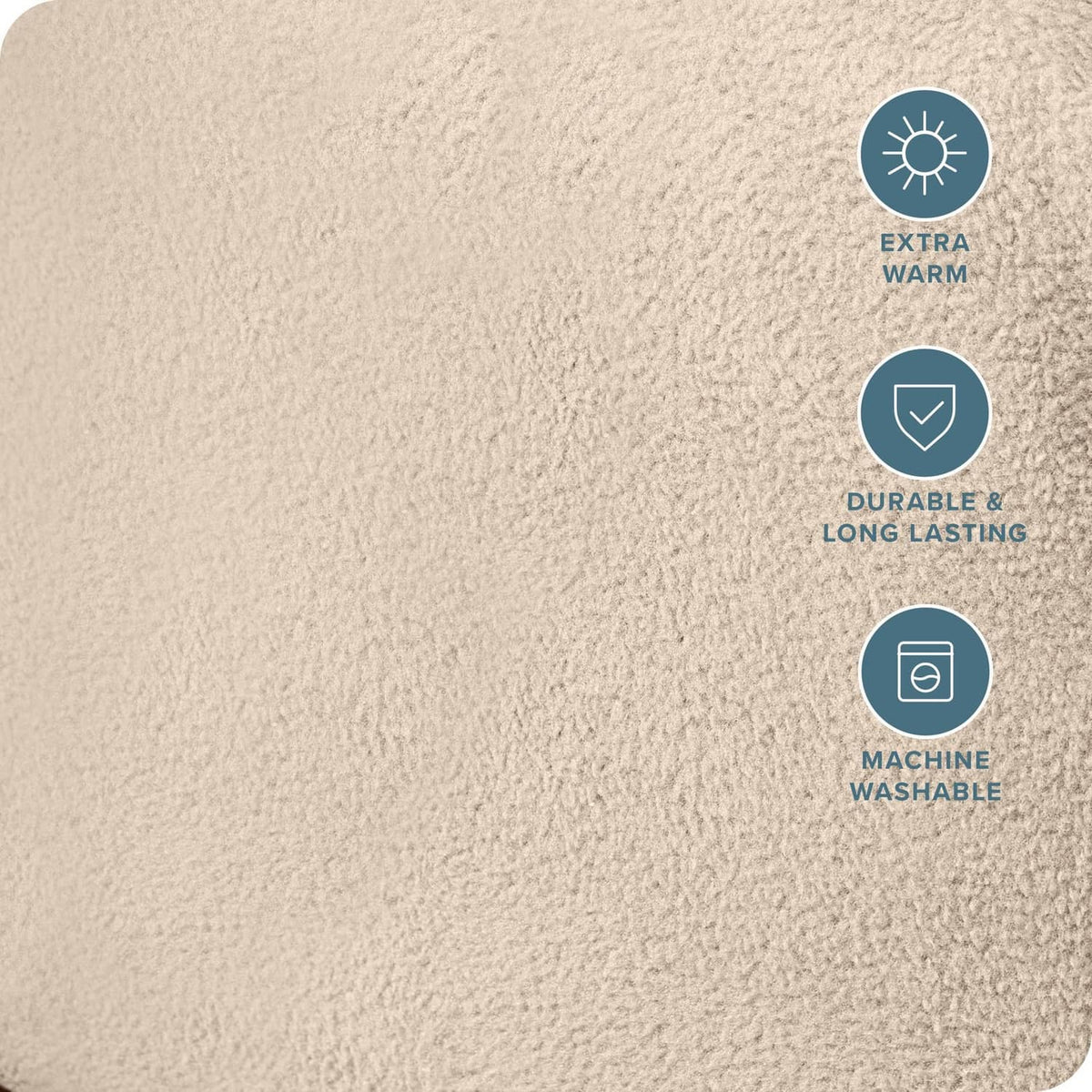 Beige plush fleece fabric of a fitted bottom sheet with dense, soft textured surface.