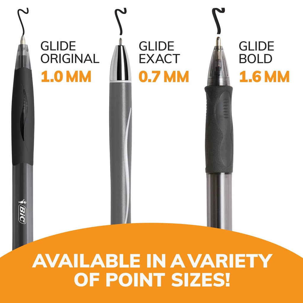Three retractable BIC Glide ballpoint pens showing different tip sizes: 0.7, 1.0, 1.6mm.