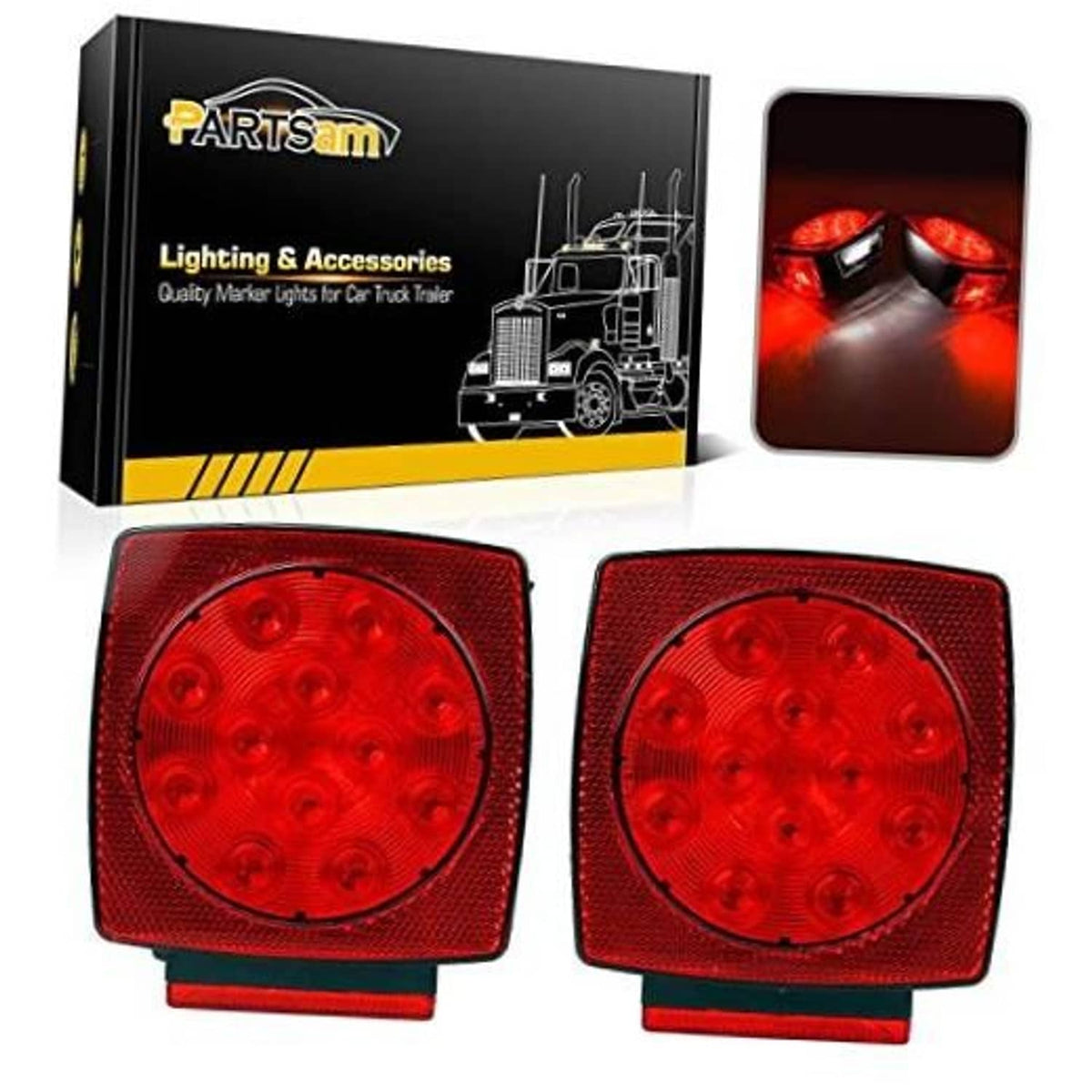 Square 12V trailer tail light pair with red LED lenses and black housings