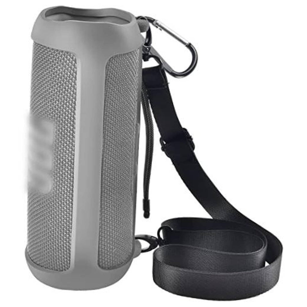 Gray silicone speaker case with shoulder strap and carabiner clip for portable Bluetooth speaker