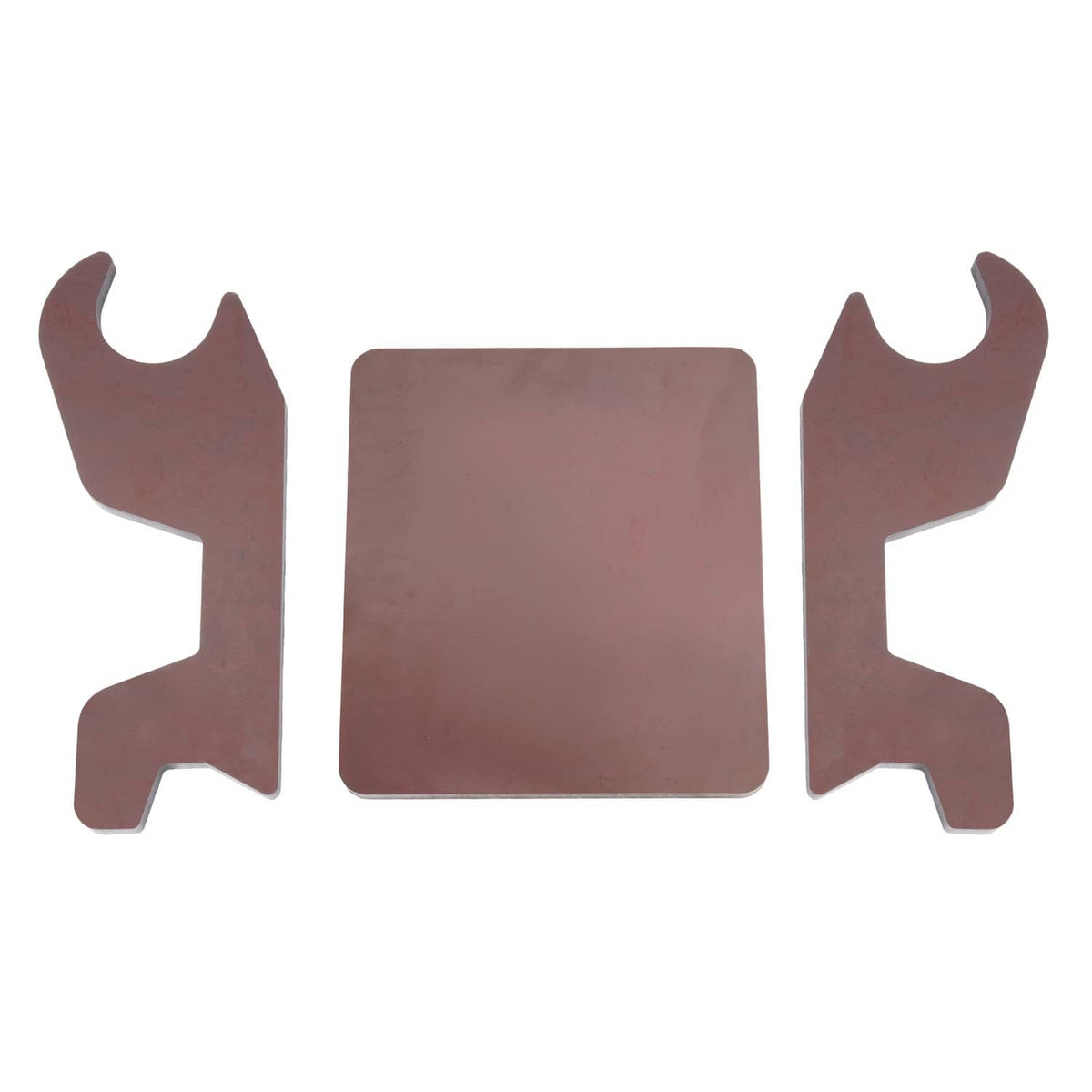 Metal bucket ear attachment front view: square center plate with side ear brackets