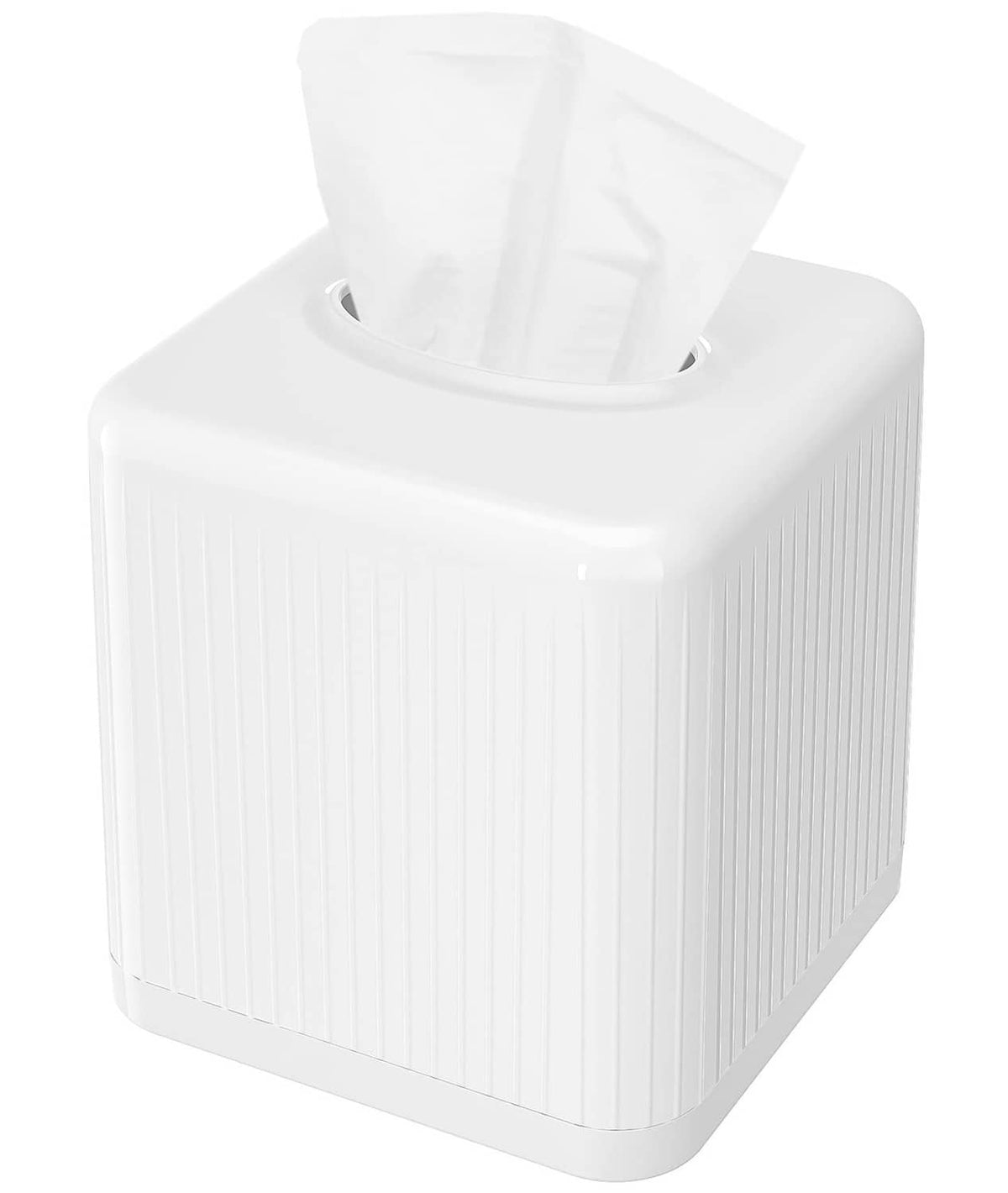 Square white plastic tissue box cover with base, ridged sides and open top for tissues.