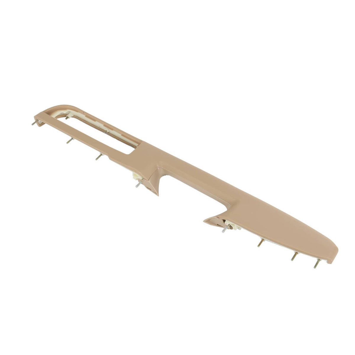 Beige driver-side door panel armrest handle trim piece, angled view with tabs.