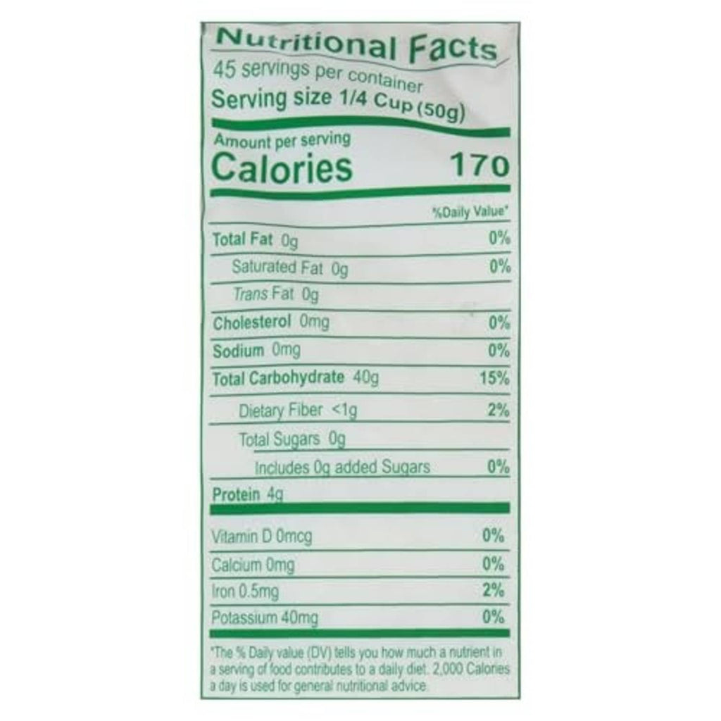 Nutrition facts panel on jasmine rice bag showing calories and serving information