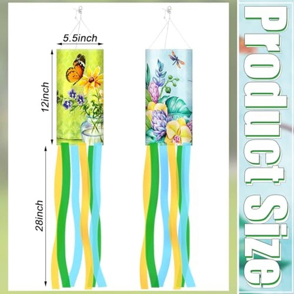 Pair of butterfly windsocks with floral panels and multicolor striped tails, size shown
