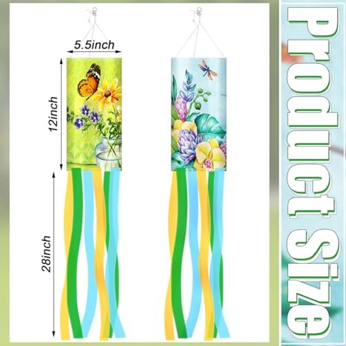 Pair of butterfly windsocks with floral panels and multicolor striped tails, size shown