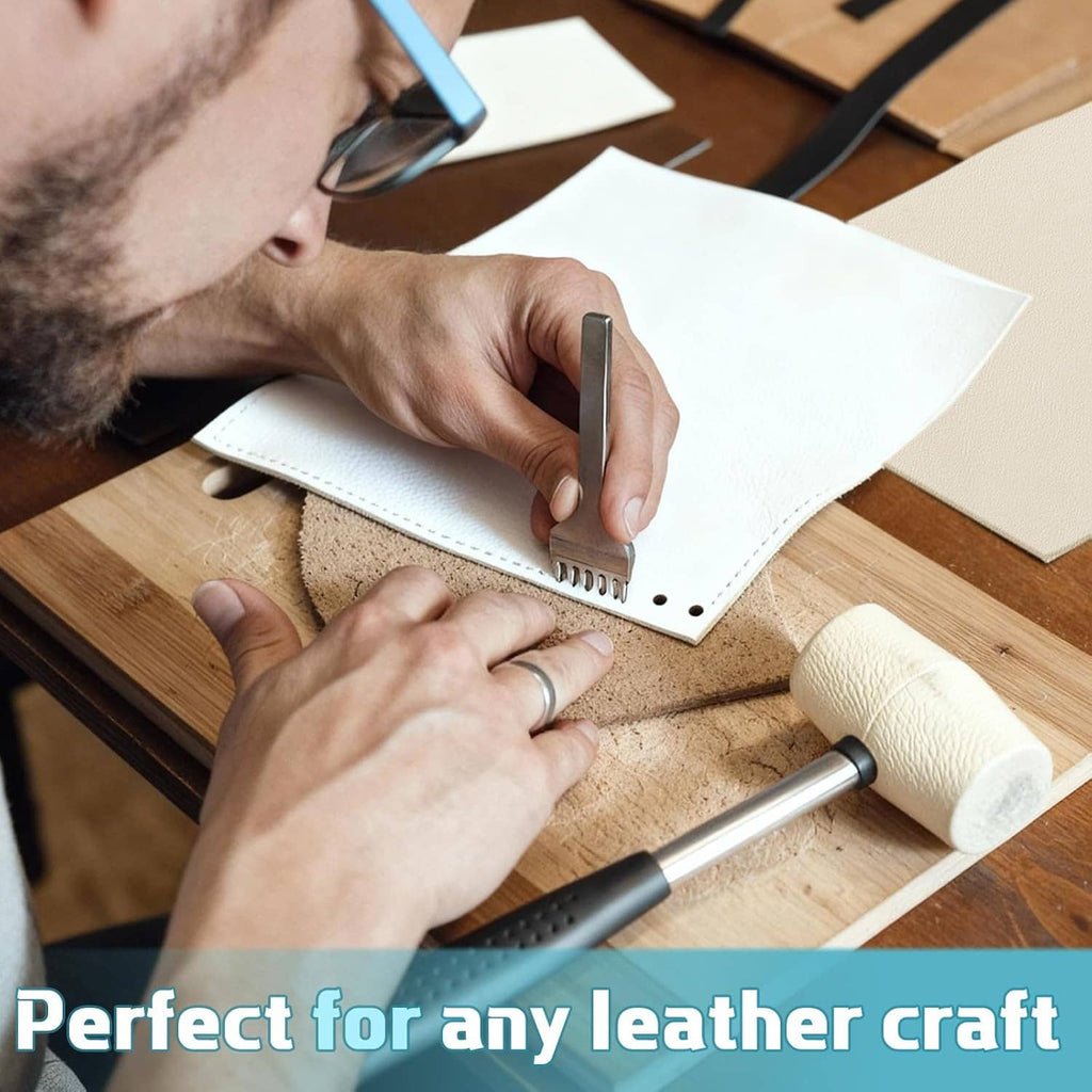 Genuine leather crafting in progress with stitched leather pieces and hand tools on wood