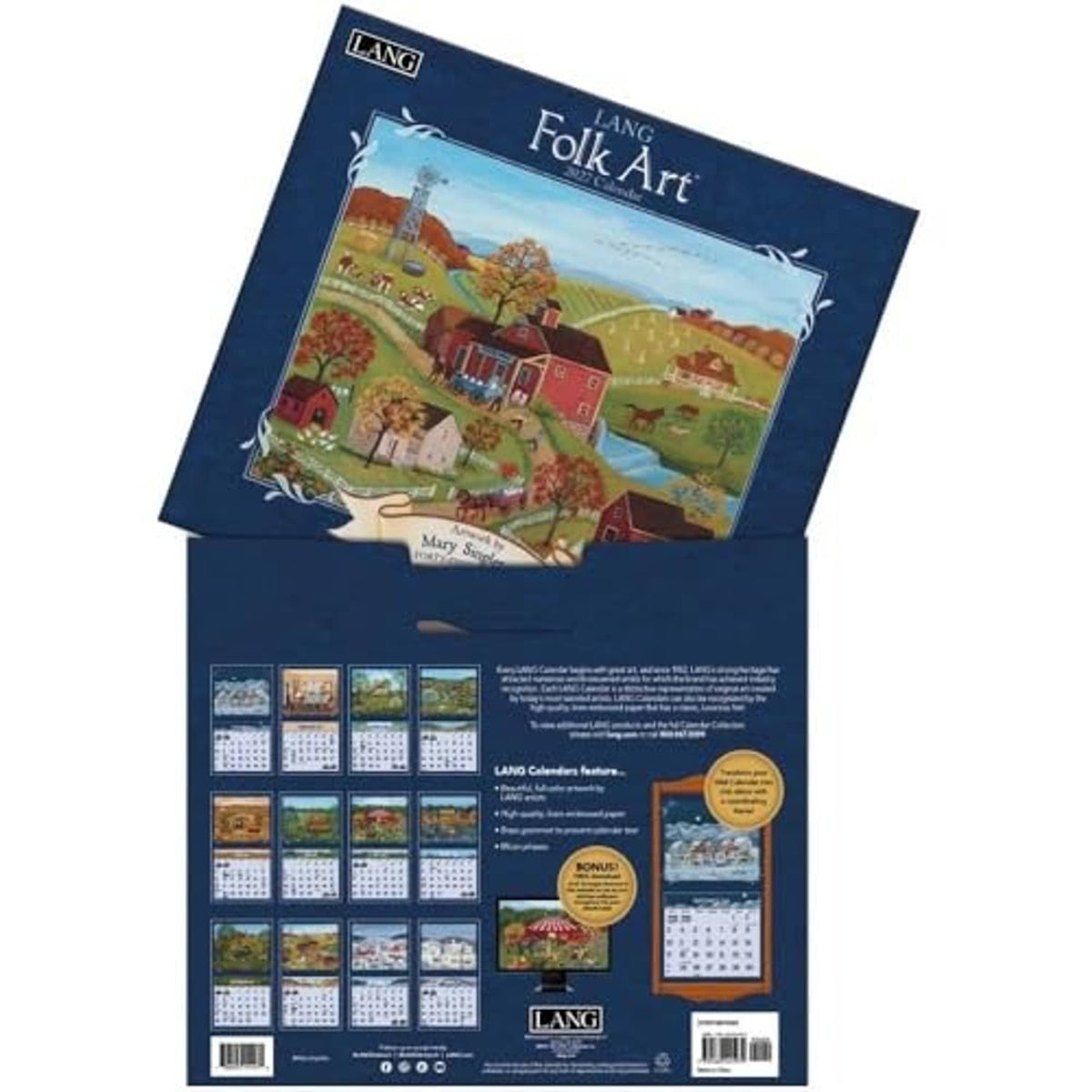 LANG Folk Art 2027 wall calendar back with printed grid months and product details