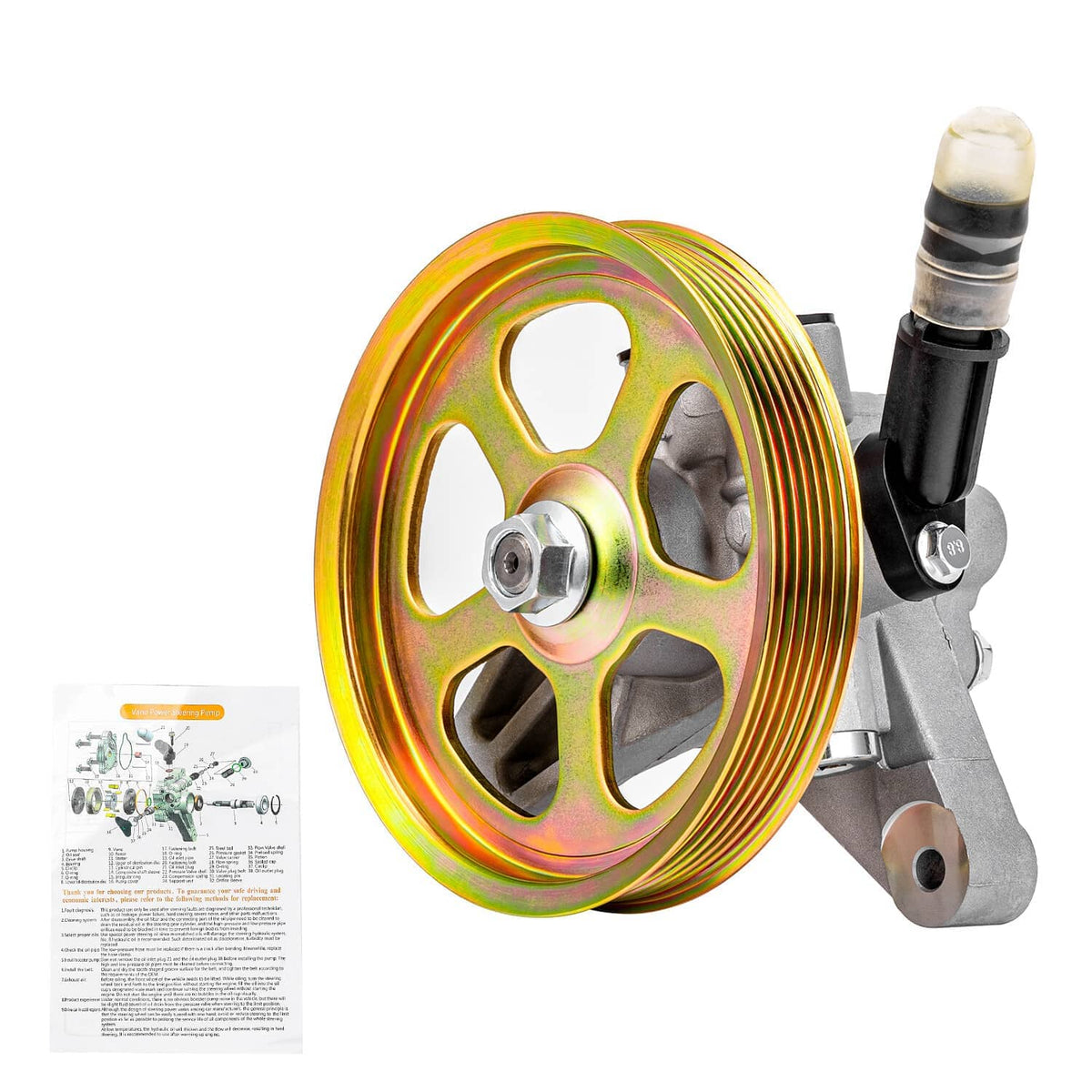 Power steering pump with pulley wheel and instruction sheet