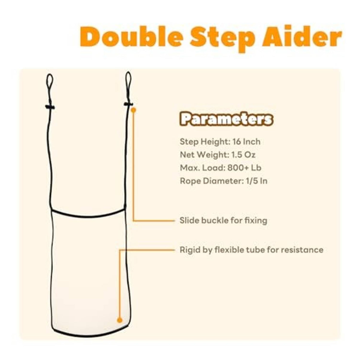 Double step aider diagram with slide buckle and rigid tube step support