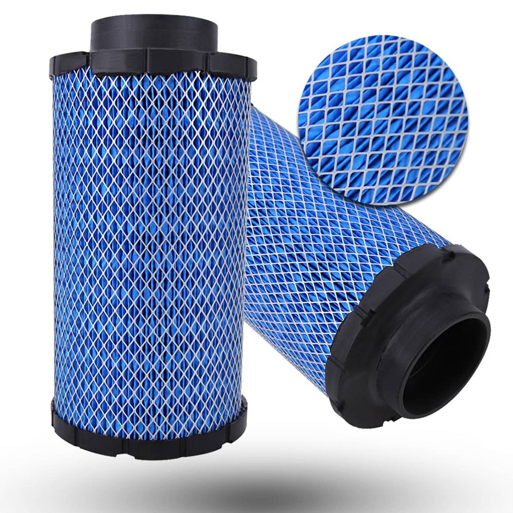 Blue mesh air filter cartridge with black rim and open intake end