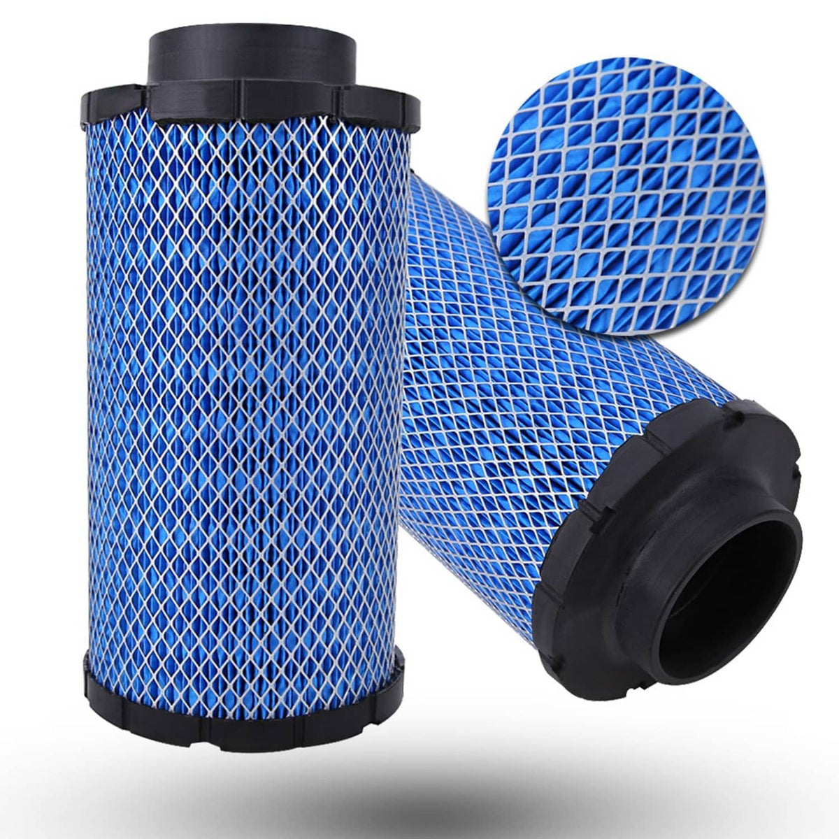 Blue mesh air filter cartridge with black rim and open intake end
