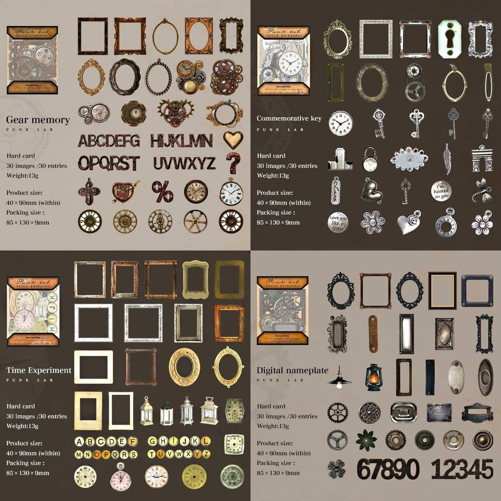 Steampunk junk journal sticker sheets with bronze gear clocks, frames, keys, and numbers