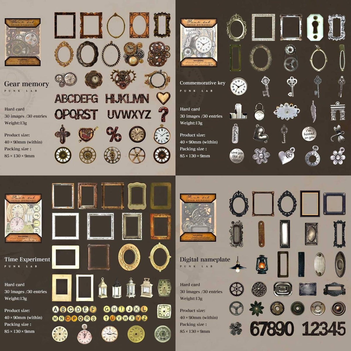 Steampunk junk journal sticker sheets with bronze gear clocks, frames, keys, and numbers