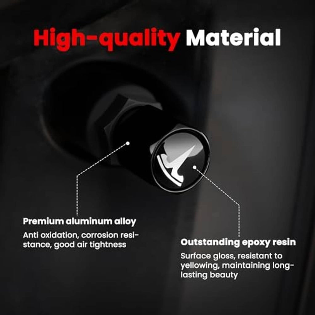 Black tire valve stem cap with glossy round Tesla logo emblem