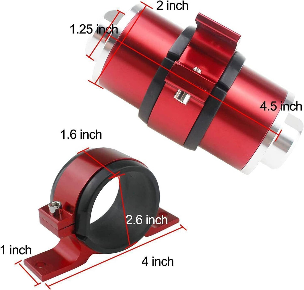 Red inline fuel filter with black band and silver end caps, labeled size dimensions