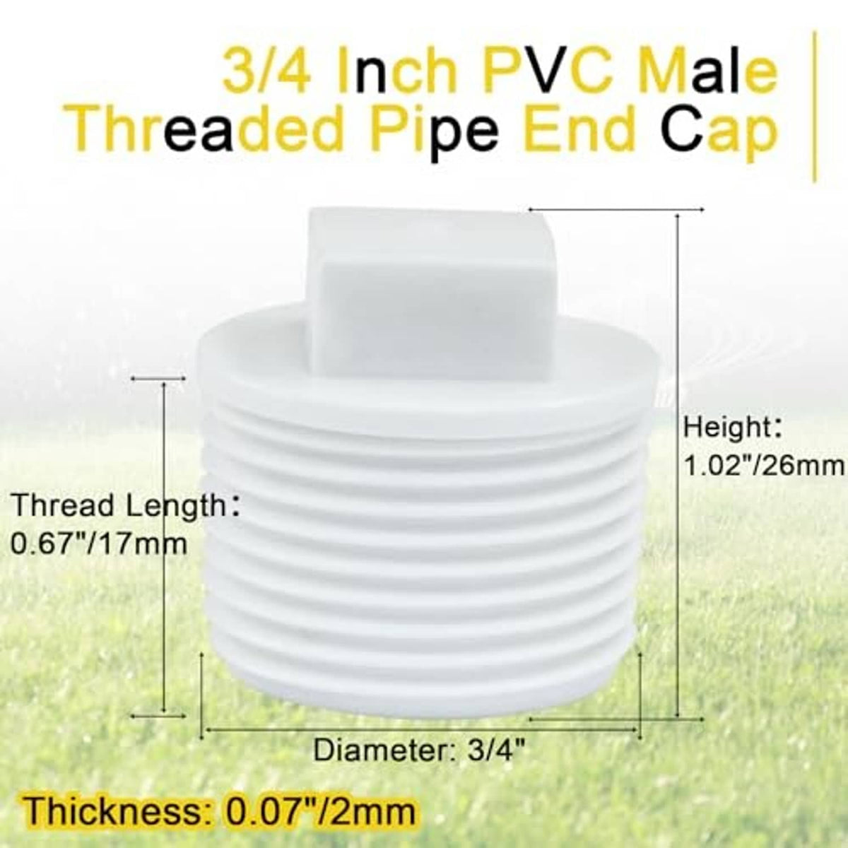White PVC male threaded pipe end cap plug with fine male threads