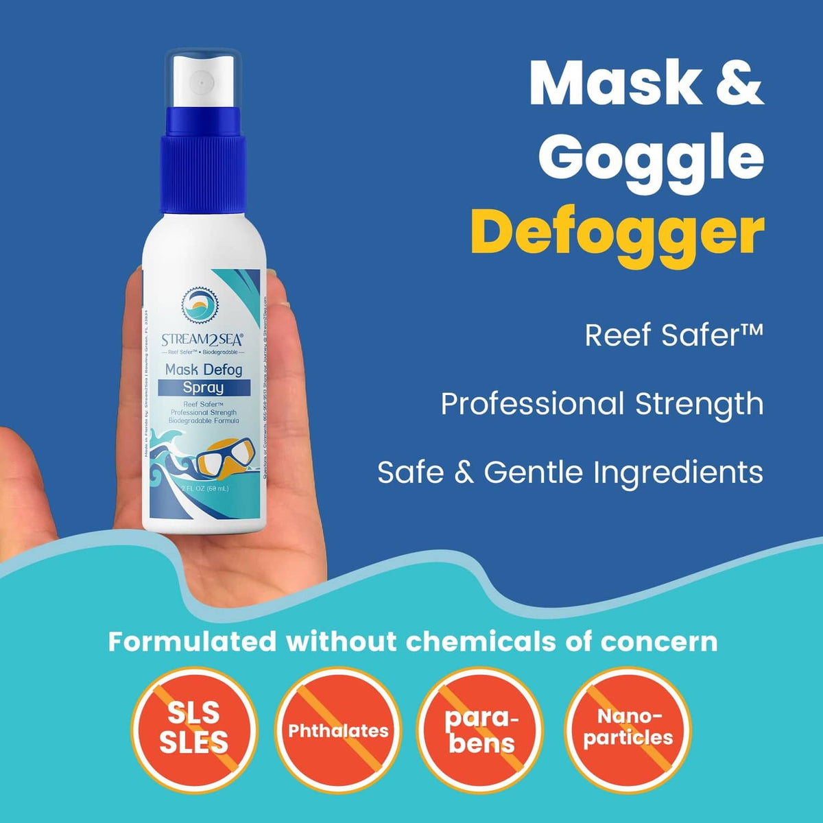 Mask defog spray bottle with blue pump-top, held in a hand