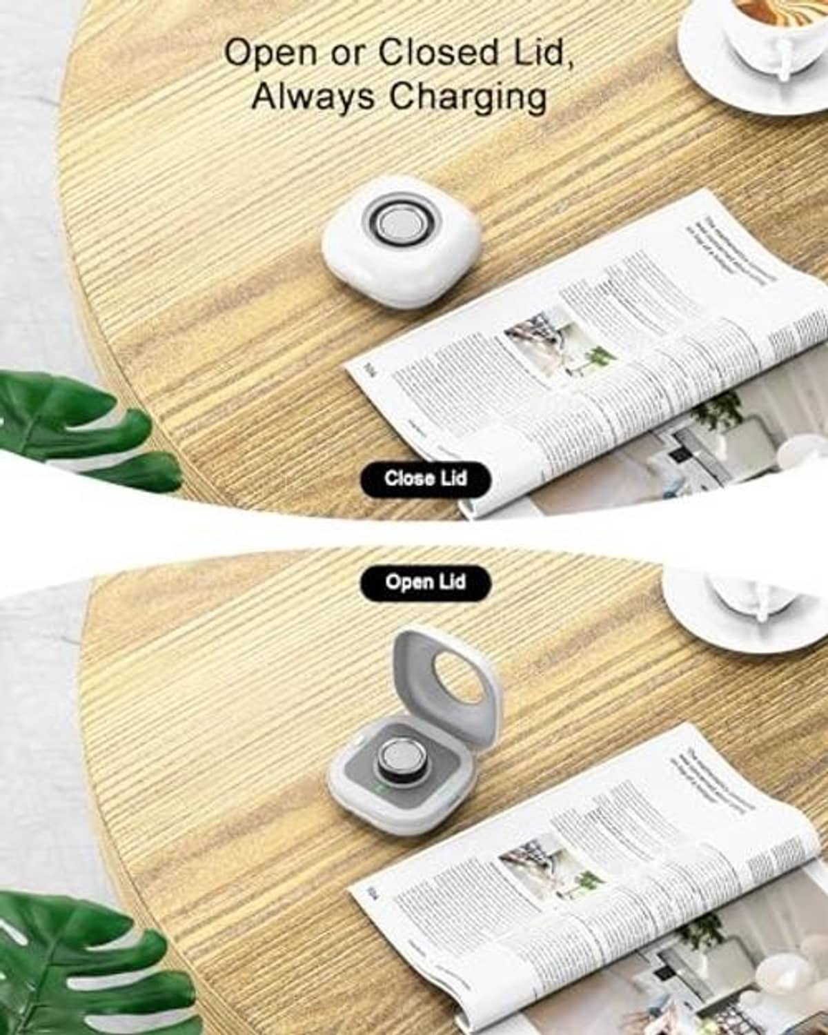 White charging case showing open lid with circular dock and closed-lid cover