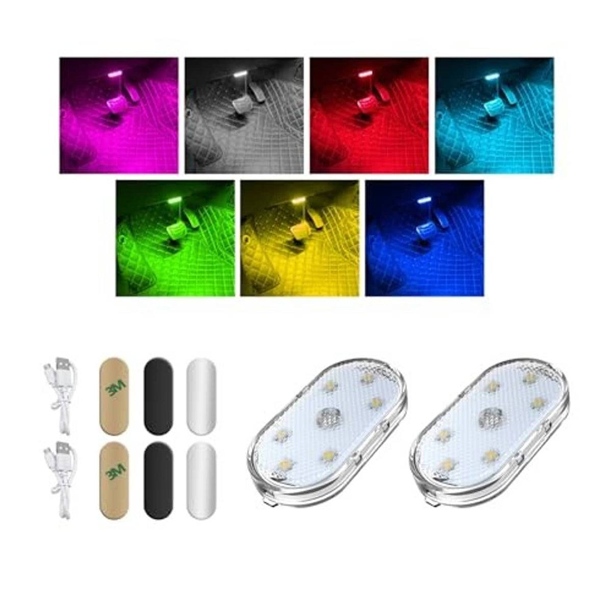Two oval car LED light modules with magnetic backs and color-changing light effects.