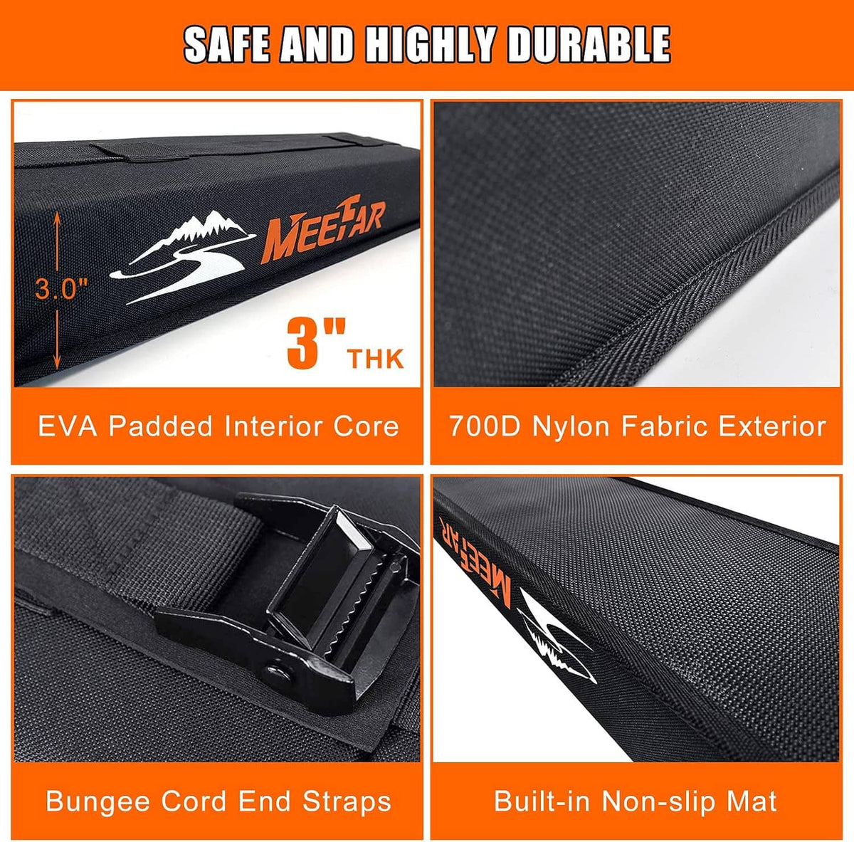3-inch thick soft roof rack pad with EVA padded core and 700D nylon exterior