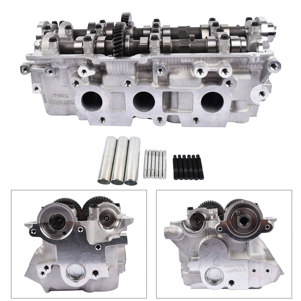 Right cylinder head assembly with cam gears; inset side views and included parts