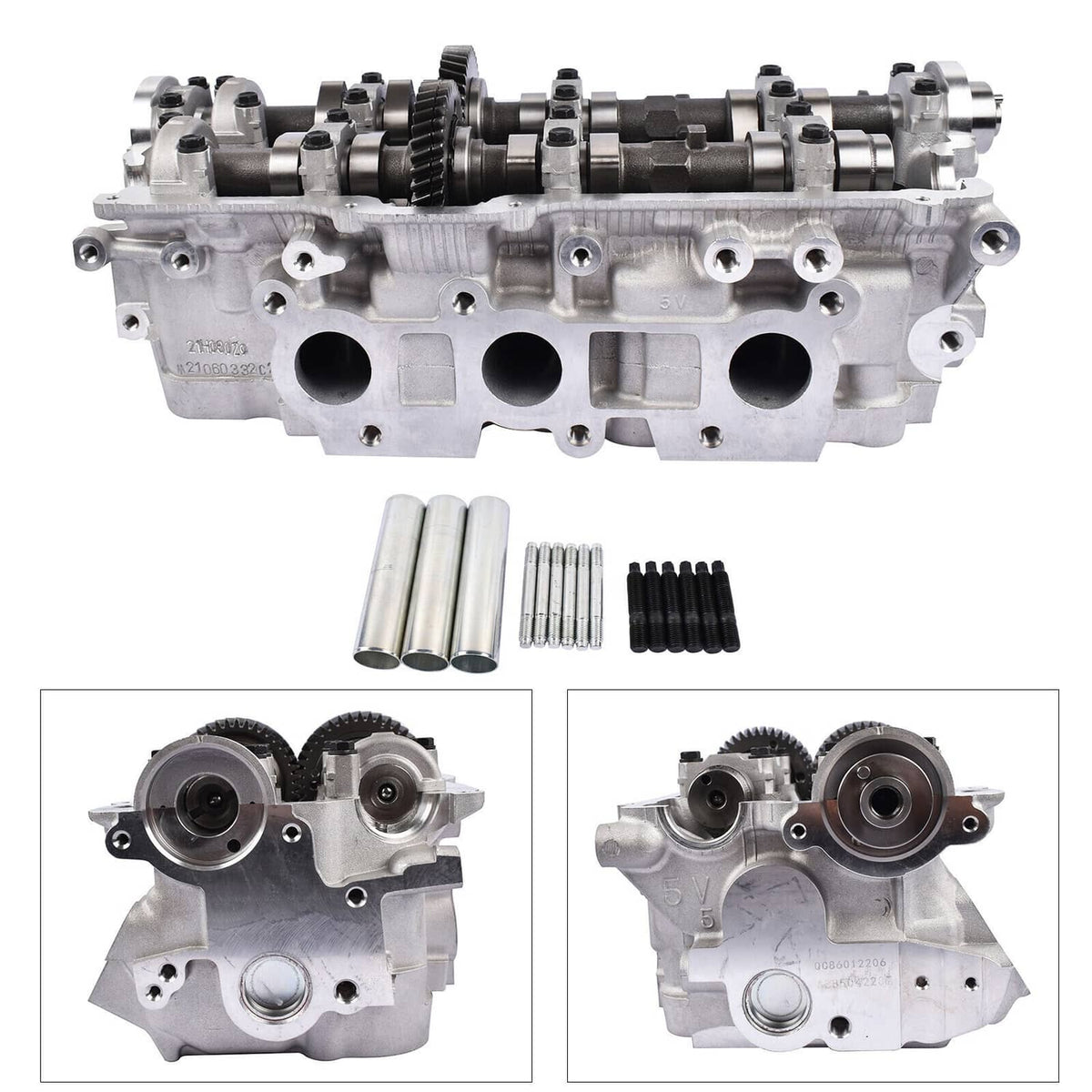 Right cylinder head assembly with cam gears; inset side views and included parts