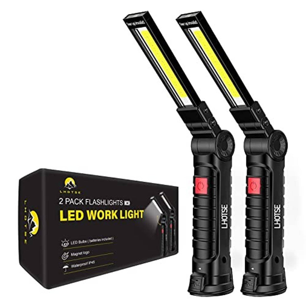 Two black LED work lights with yellow light bars beside their packaging box