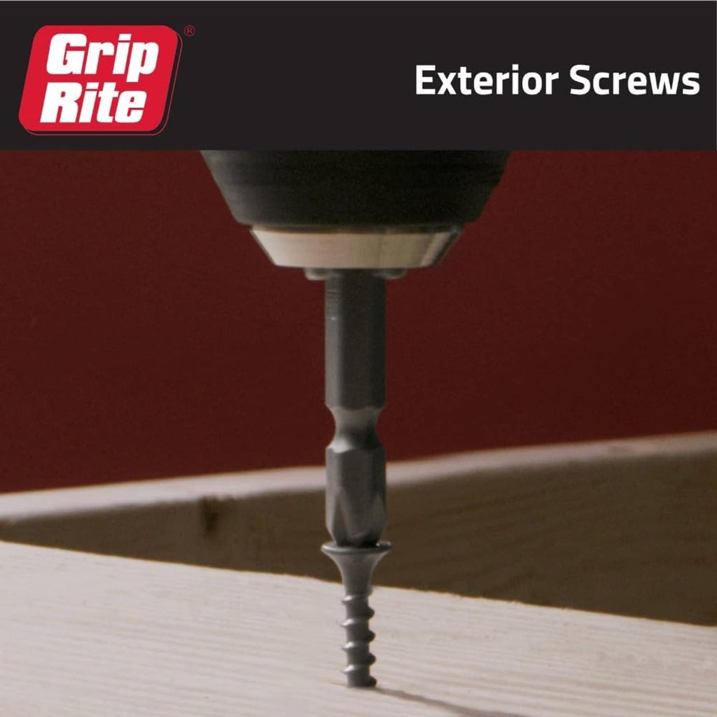 Gray exterior screw seated in wood surface, #2 Phillips drive visible.